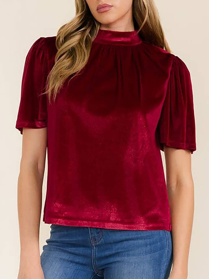 BLUSA DE MANGA CURTA COM GOLA ALTA EM VELUDO LISO por atacado de ROUSSEAU