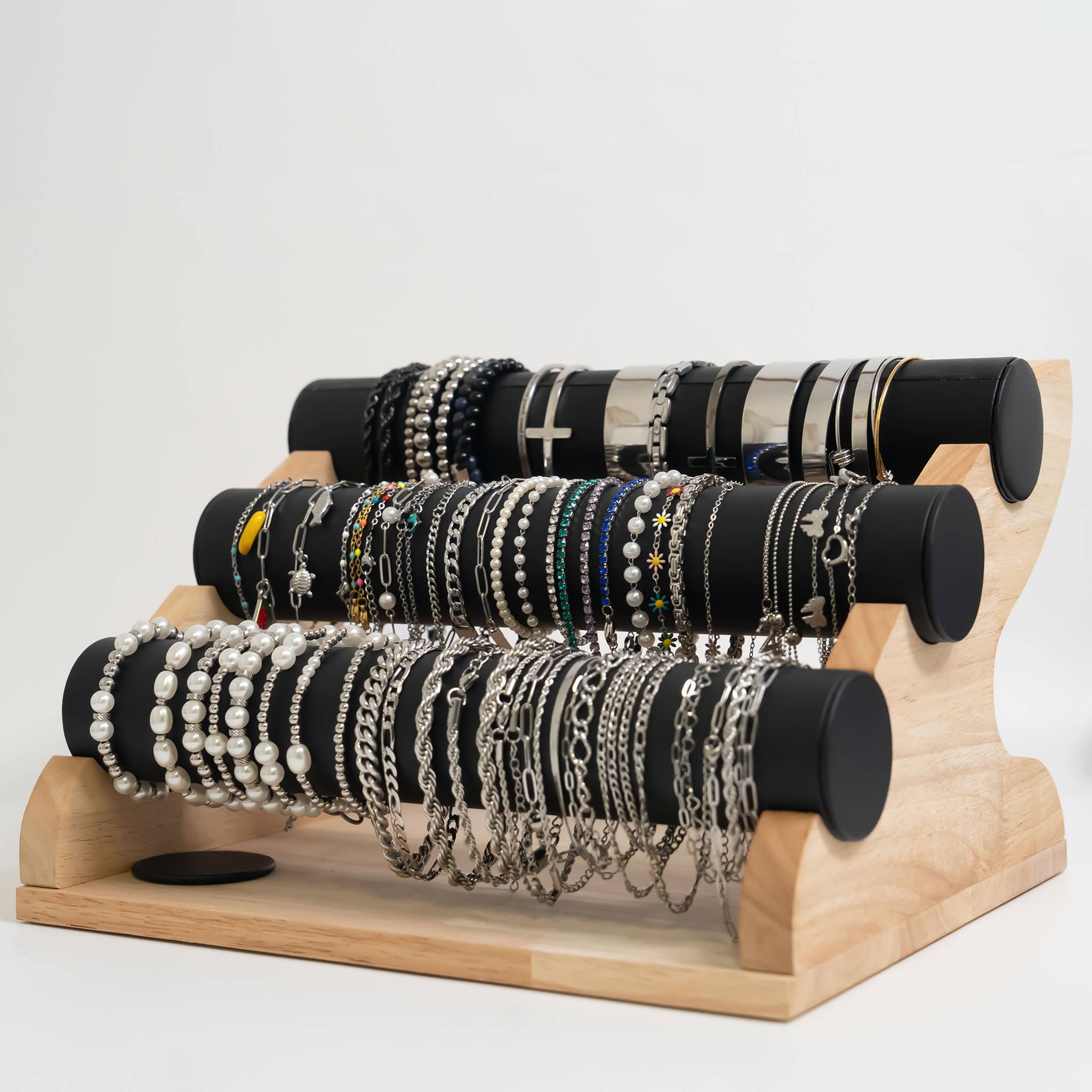 WJW - Wholesale Jewelry Stand & Display - Natural Wood & Leather 3 Tier Bracelet Display6