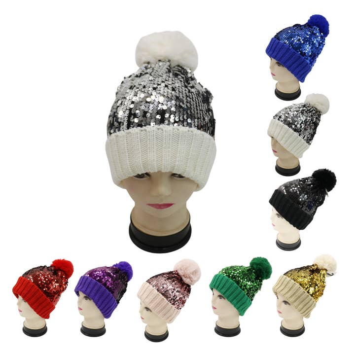 TAPA fashion - Wholesale Beanie – Women's - Pom Pom Sequin Beanie HA3715-1 (3PC)60
