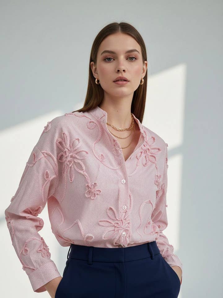 Striped Shirt with Raised Floral Embroidery Art 26013 for wholesale by Nota bene