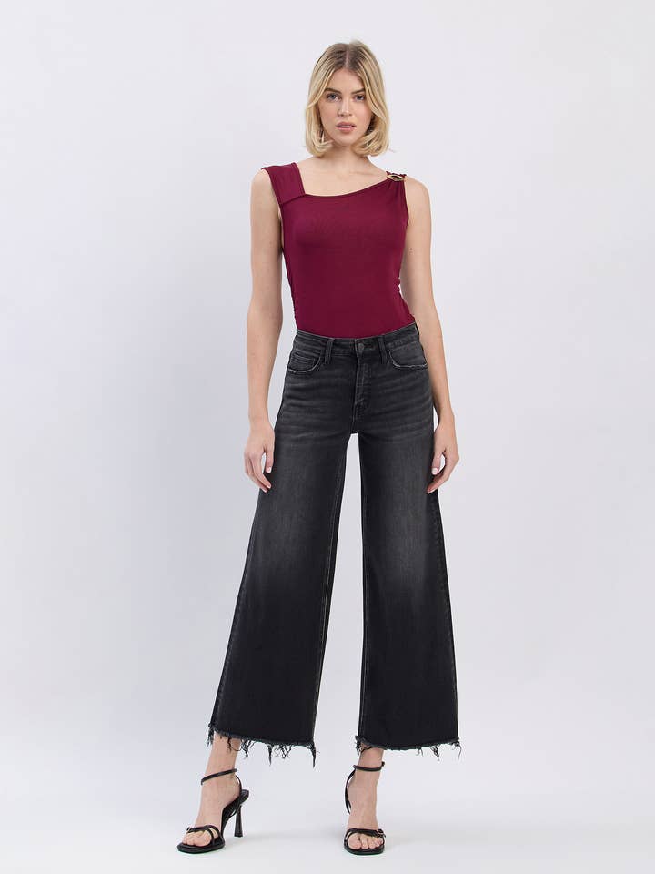 HIGH RISE FRAYED HEM ANKLE WIDE JEANS F5840 for wholesale by FLYING MONKEY