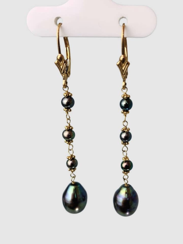 14KY Grey Pearl 4 Stone Rosary Drop Earrings for wholesale by Raja Jewels