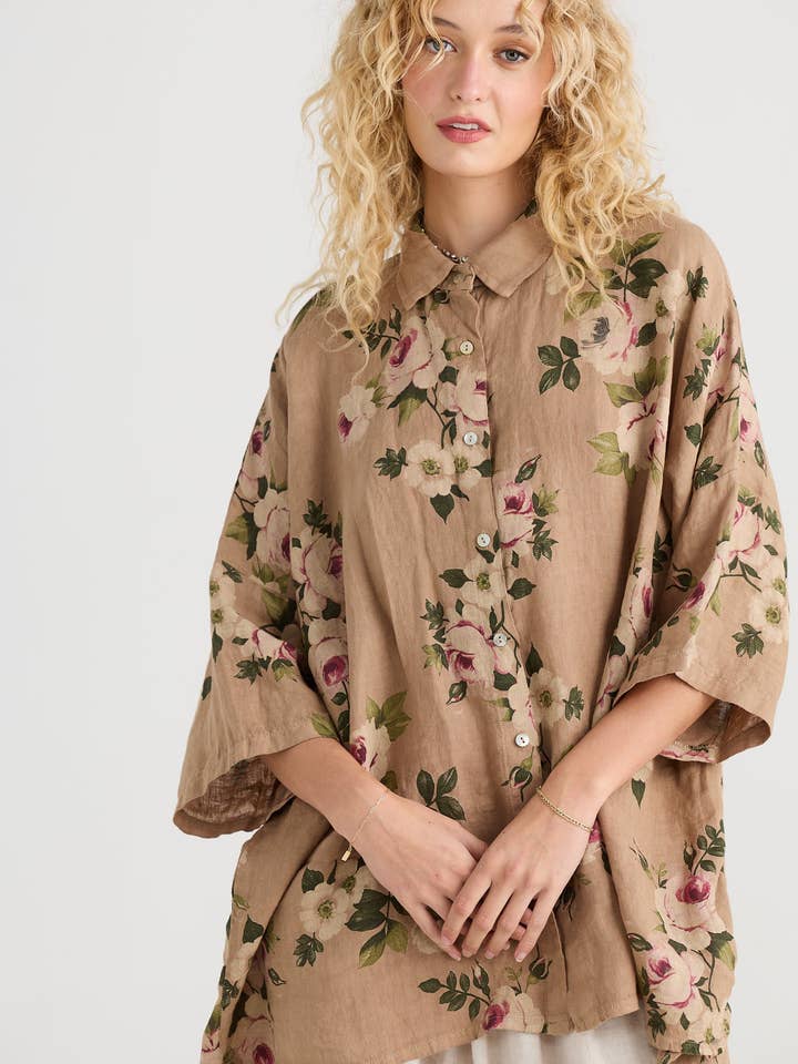Teddie floral shirt. Caramel for wholesale by Miss Rose Sister Violet Australia
