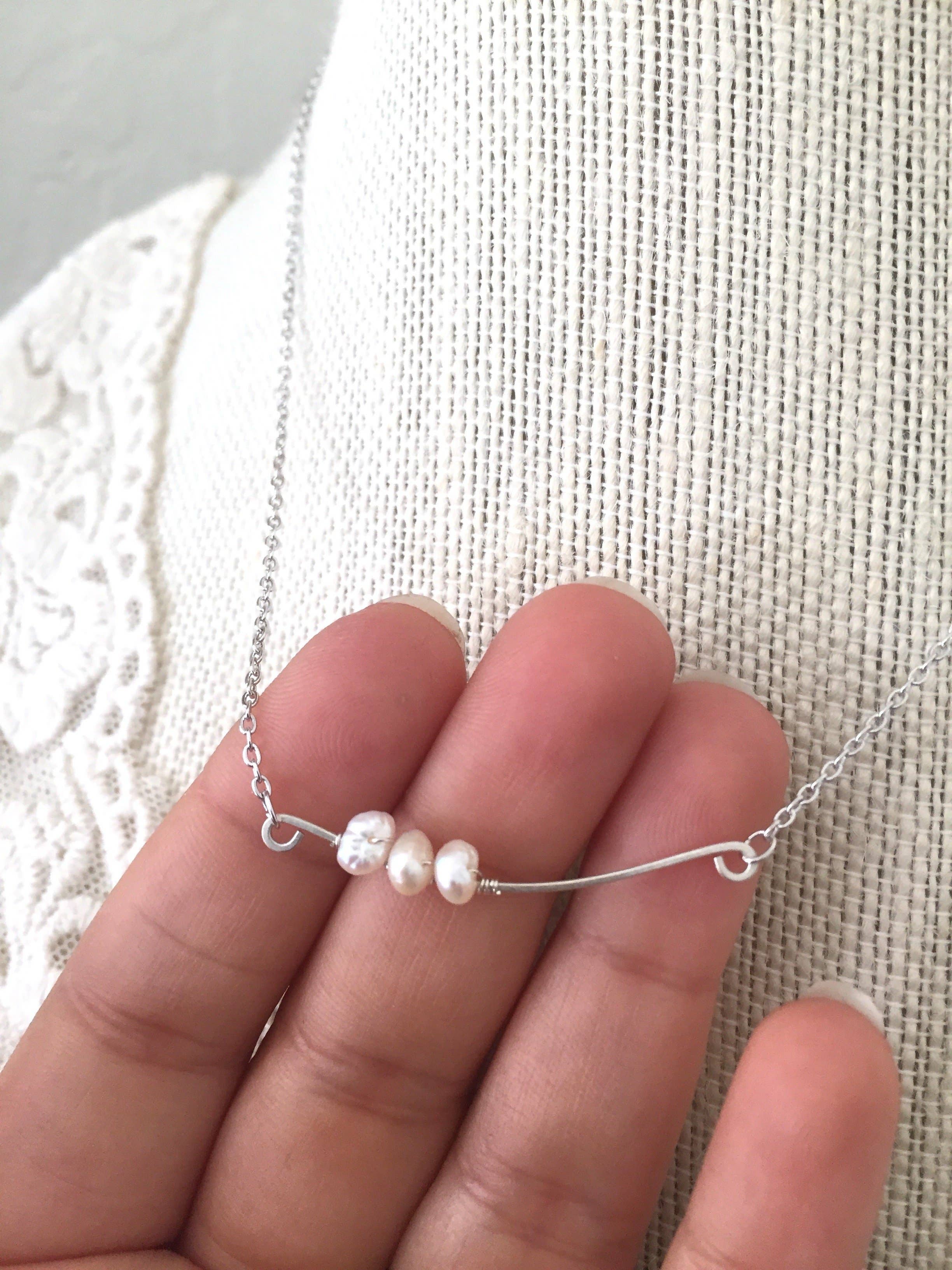 Pyrite and Pearls – wholesale Pendant/charm necklace – Sway - Sterling Silver Hammered Bar with Freshwater Pearls2