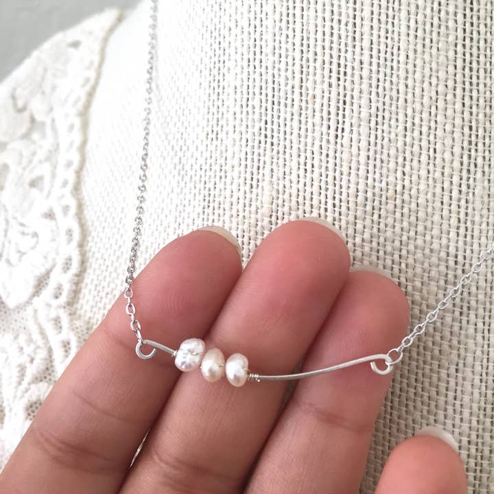 Pyrite and Pearls – wholesale Pendant/charm necklace – Sway - Sterling Silver Hammered Bar with Freshwater Pearls2