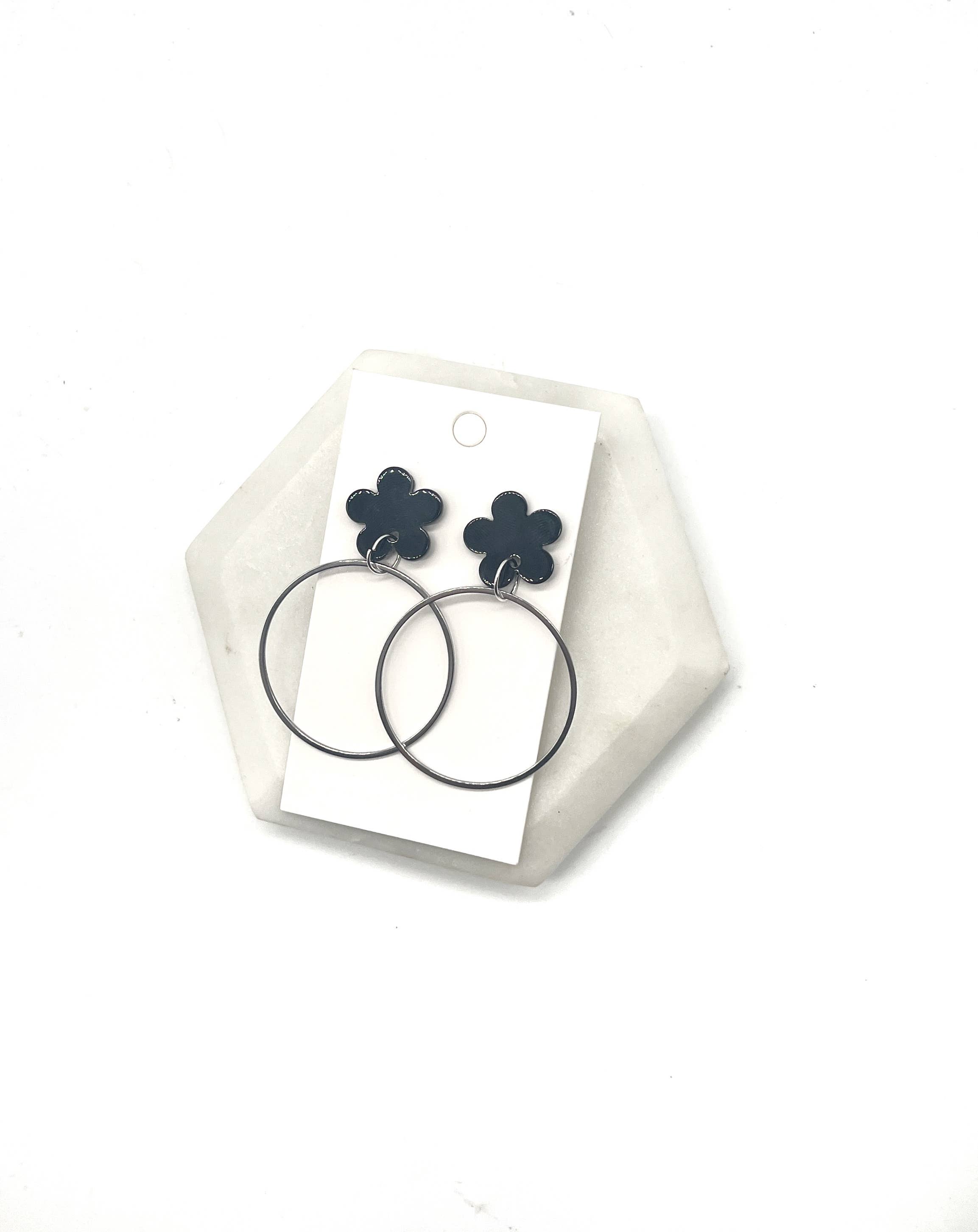 Baubles by B - Wholesale Dangle Earrings - Black Blossom Flower Silver Hoop Earrings2