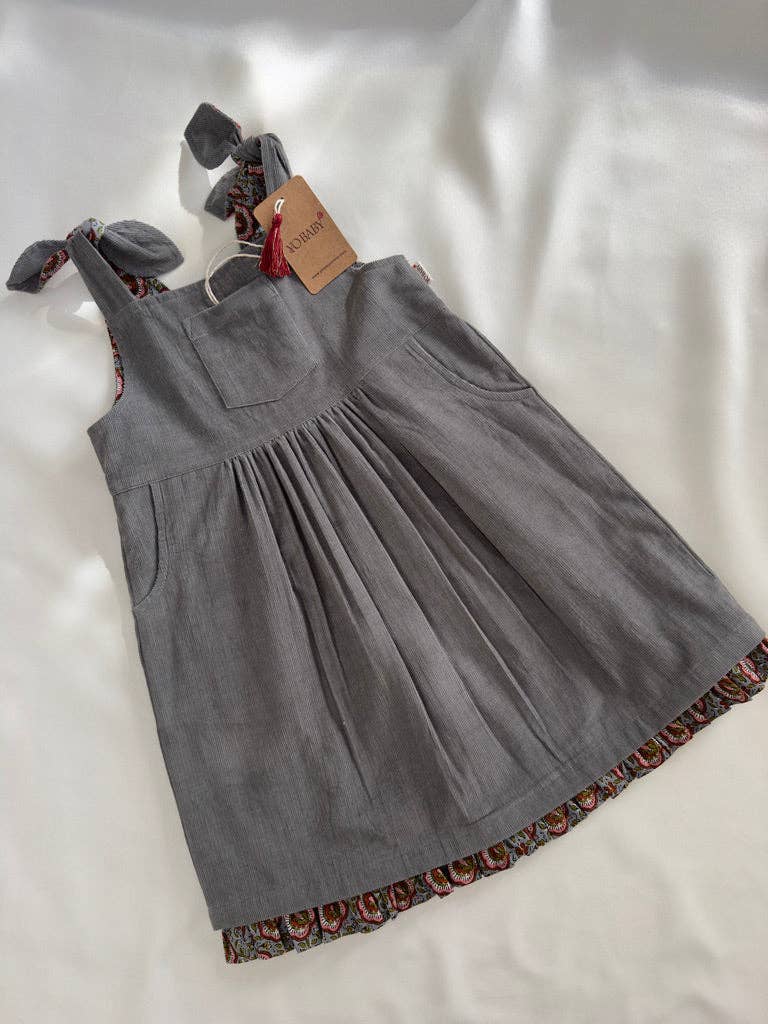 Yo Baby - Wholesale Dress - Kids - Reversible Solid Grey Corduroy & Grey Floral Printed Ruffle Dress10
