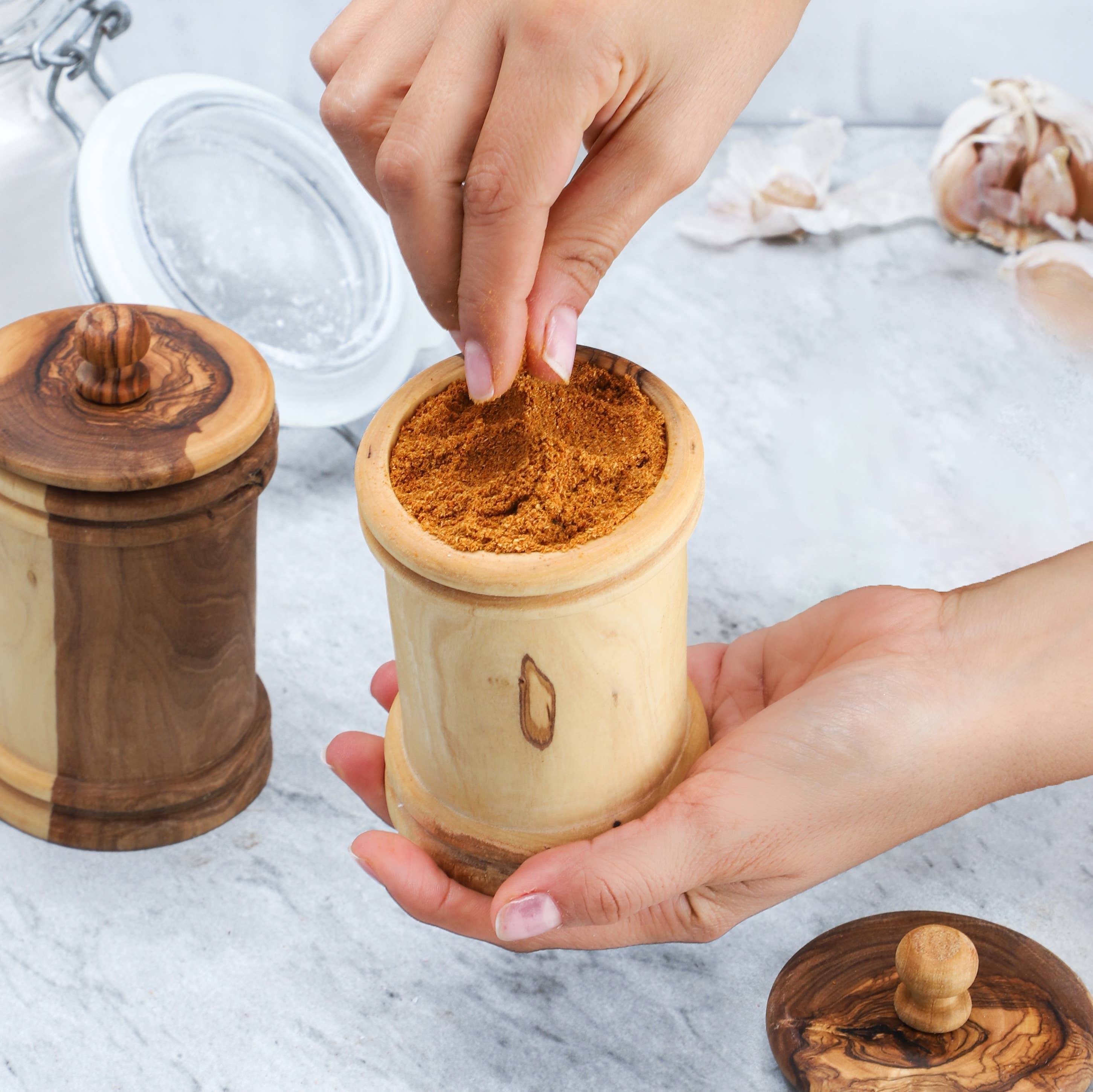 Texas Olive Wood Company - Wholesale Salt Mill - Handmade Olive Wood Spice Jars with Lift Off Lids6
