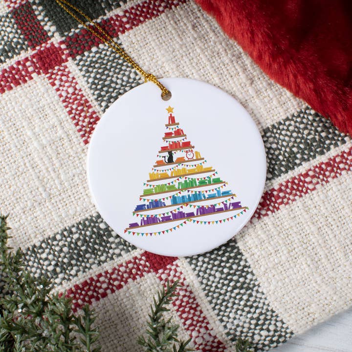 Rainbow Book Christmas Tree Circle Ceramic Ornament for wholesale by Lucky Luna Apparel
