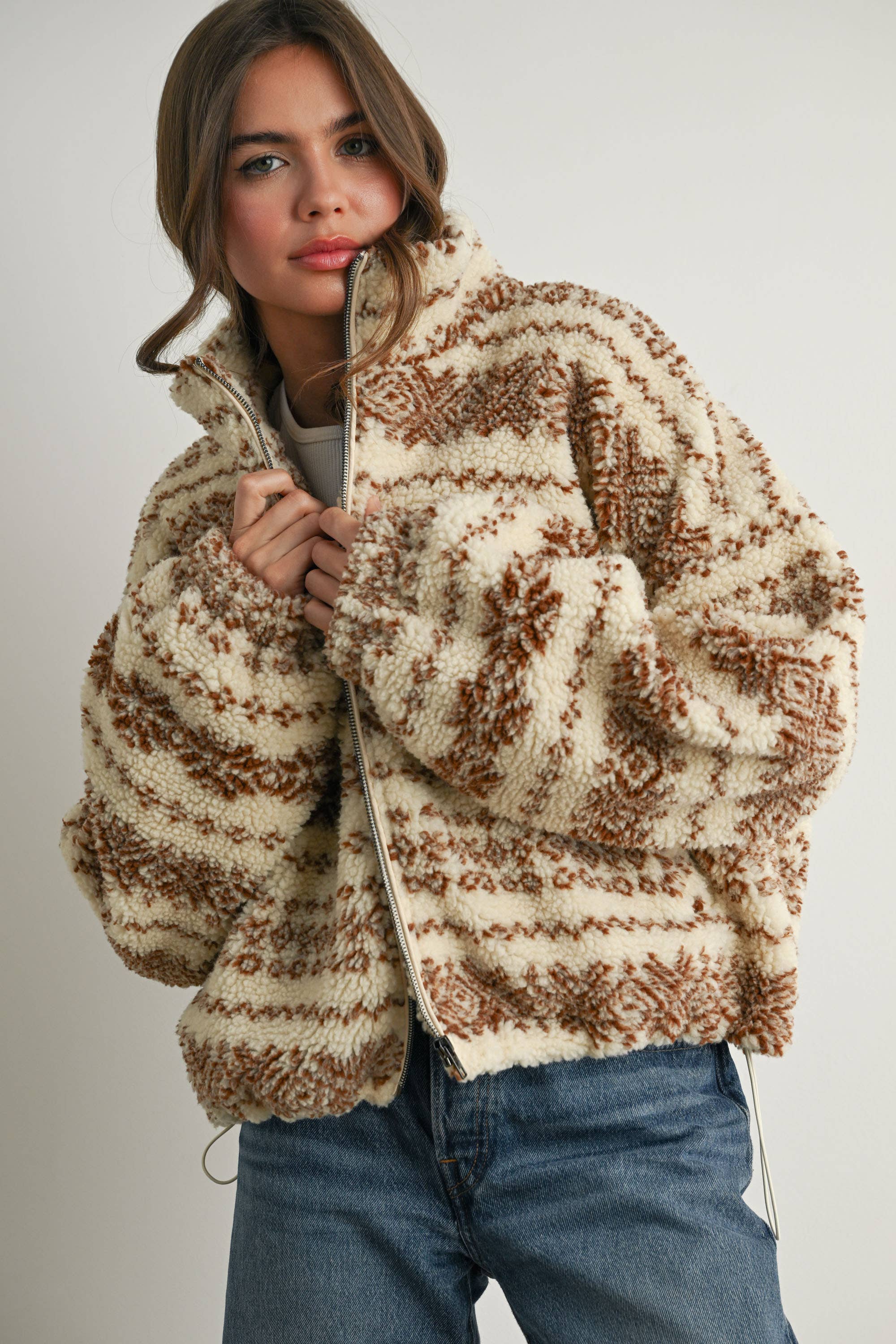 BUTTERMELON - Wholesale Jacket - Women's - Fuzzy Fleece Zip-Front Patterned Jacket - BMJ780727