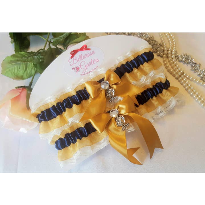 Strumpfhalter-Set aus Spitze, marineblau und elfenbeinfarben, für den Großhandel von Bellarosa Garters