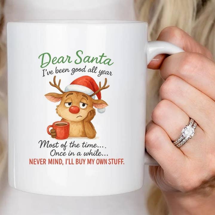 Lustige Rentier-Weihnachtstasse mit gesticktem Cartoon-Weihnachtsmann für den Großhandel von VenusArtsShop