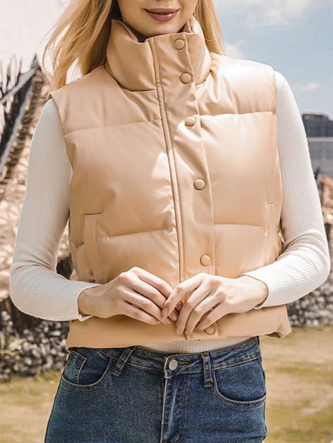 PU Stand Up Collar Button Puffer Jacket Vest for wholesale by HIDDENBRAND