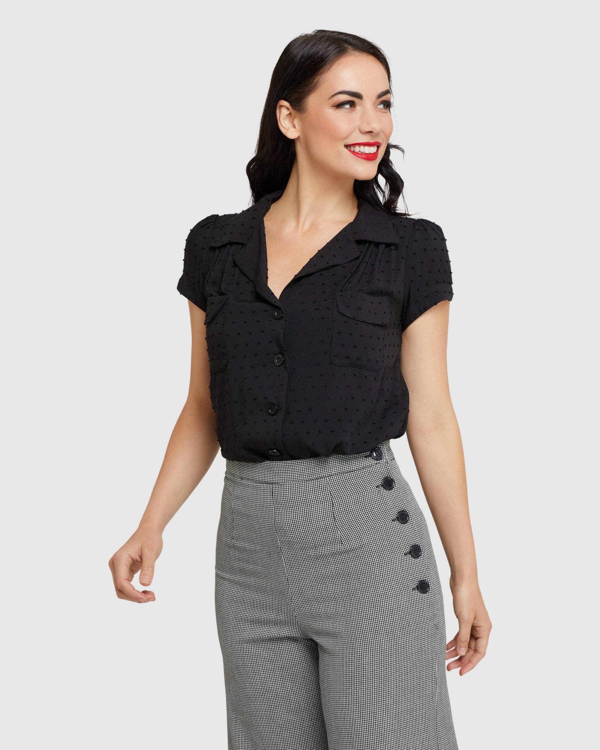 Retrospec'd Clothing - Wholesale Blouse – Women’s - Evita Vintage style Blouse Black Textured Rayon