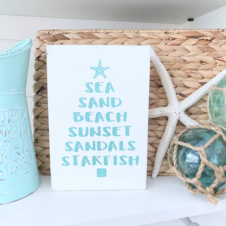 Beachy Words Christmas Tree Sign, coastal decor, beach wall for wholesale by Anchored Soul Designs