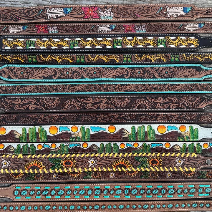 Double B Wild Rags - Wholesale Pet Collar - Dog - Western Genuine Leather dog collar or leash tooled details of sunflower daisy cactus floral turquoise feather by Double B Wild Rags3