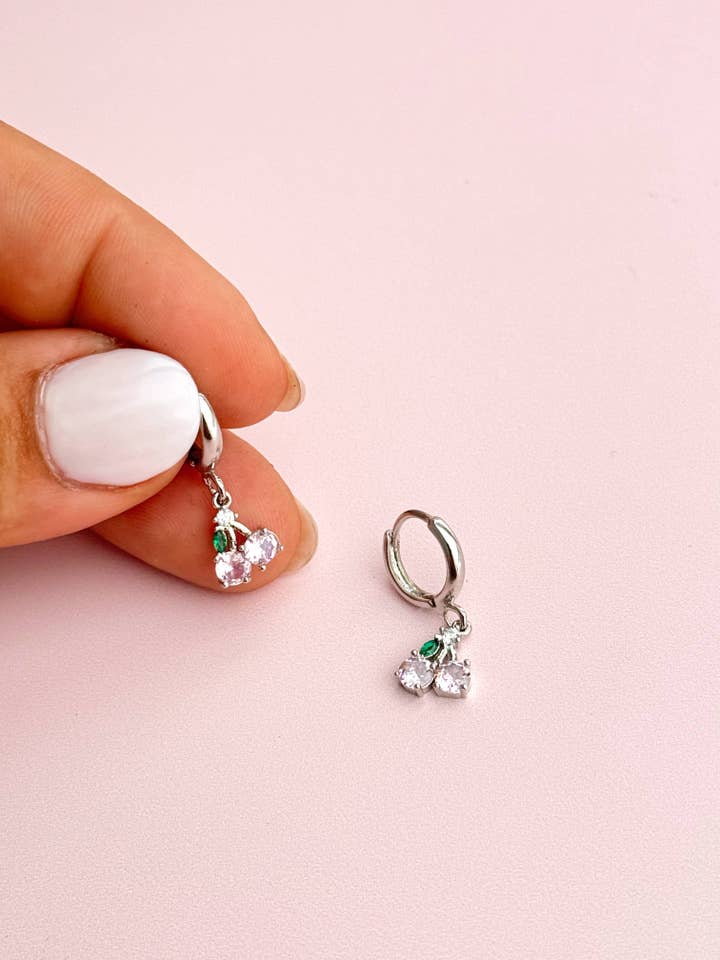 Silver Cherry Gem Huggie Earrings - Dainty, Pink, Minimalist for wholesale by Golden Hour Designs