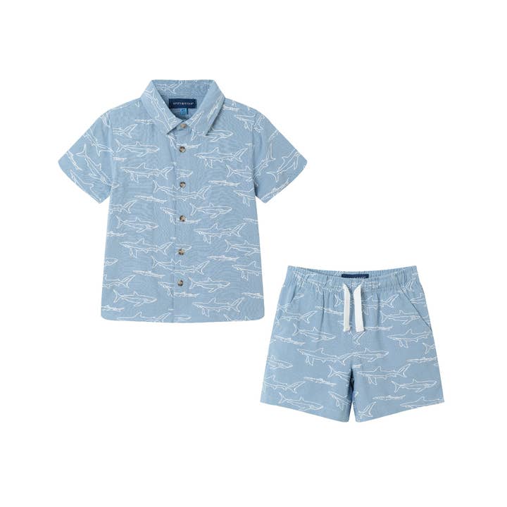 Kids (2-8) Shark Print Buttondown Set | Blue for wholesale on Faire