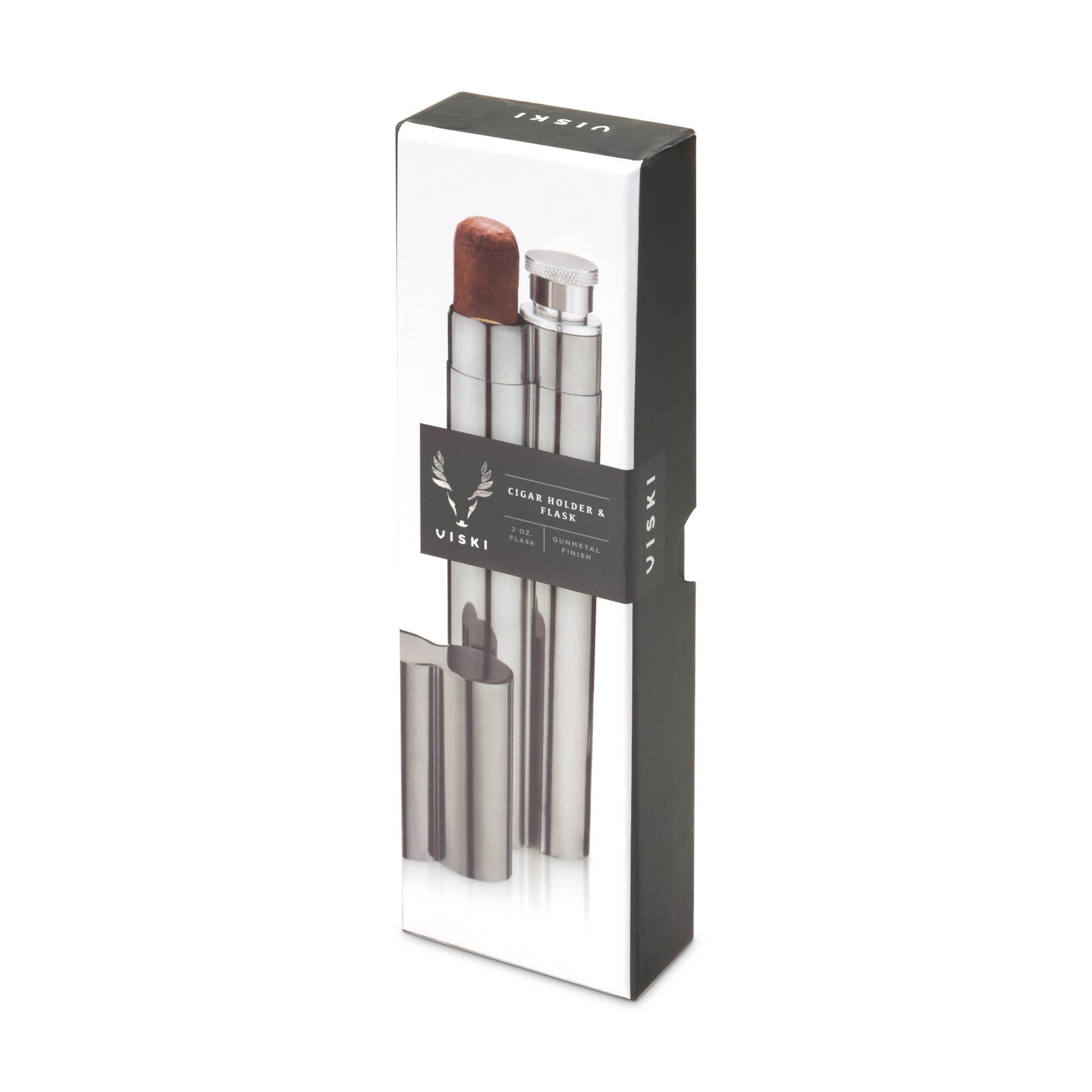 Viski - Wholesale Humidor/Cigar Accessory - Warren™ Black Gunmetal Plated Cigar Holder and Flask Combo1