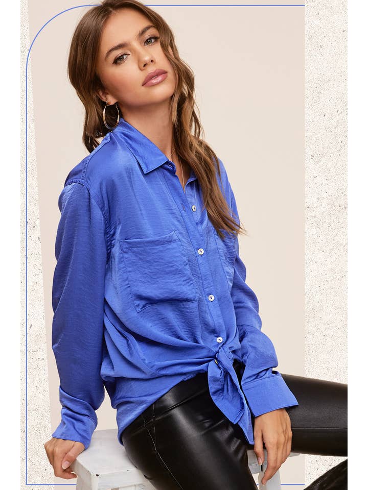 La Miel - Wholesale Button Down Shirt - Women's - SRT7452-Silky and Flowy Button Down Long Sleeve Shirts14