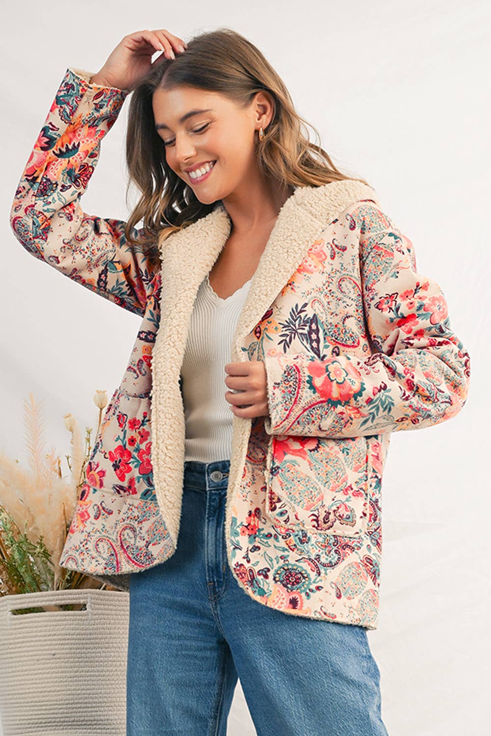As shown Paisley Floral Print Sherpa Lined Hooded Jacket | S-XL for wholesale on Faire1