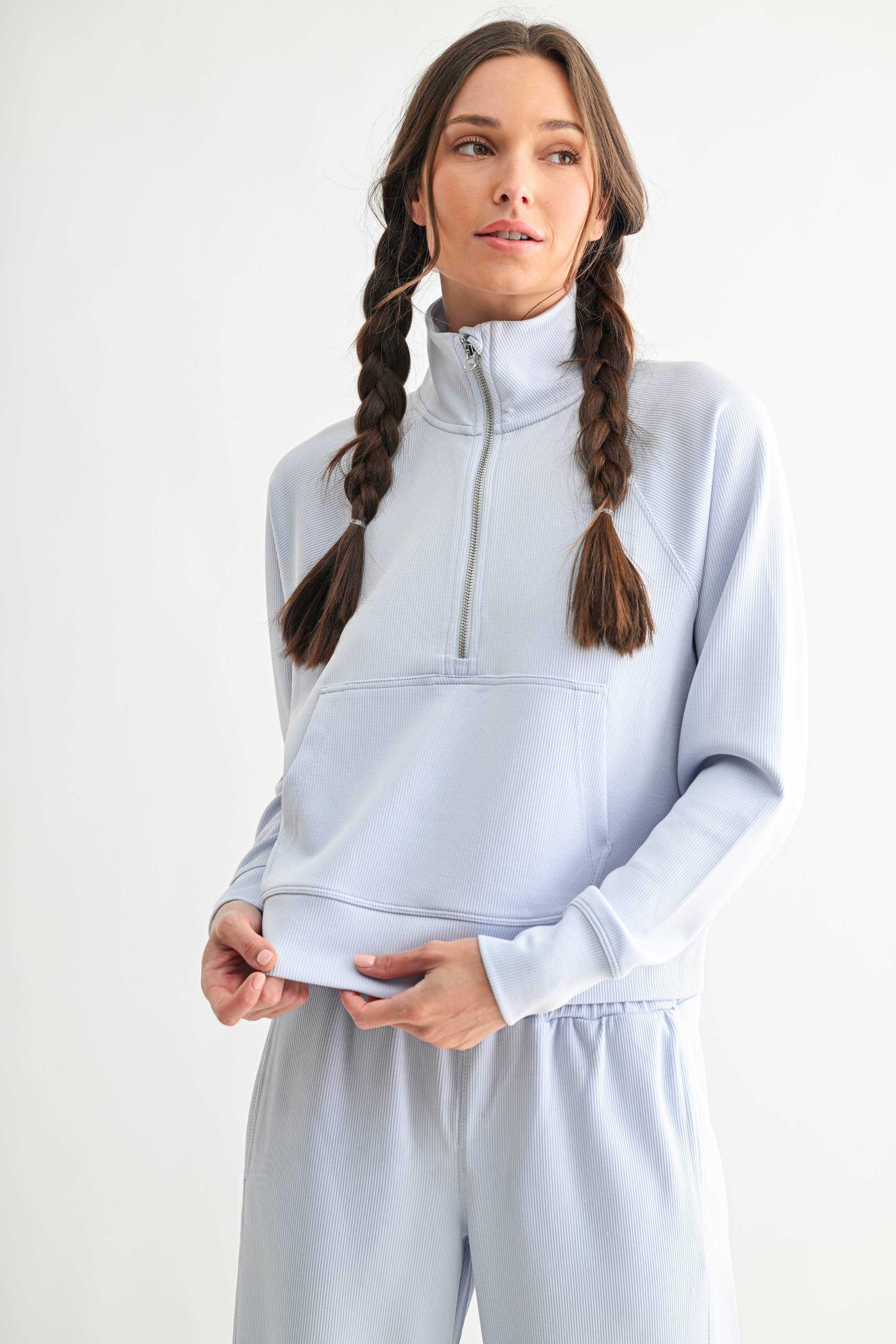 Mono B - Vente Sweat-shirt – femme - Pull à col zippé 1/4 en maille côtelée Luxe Sand Wash17