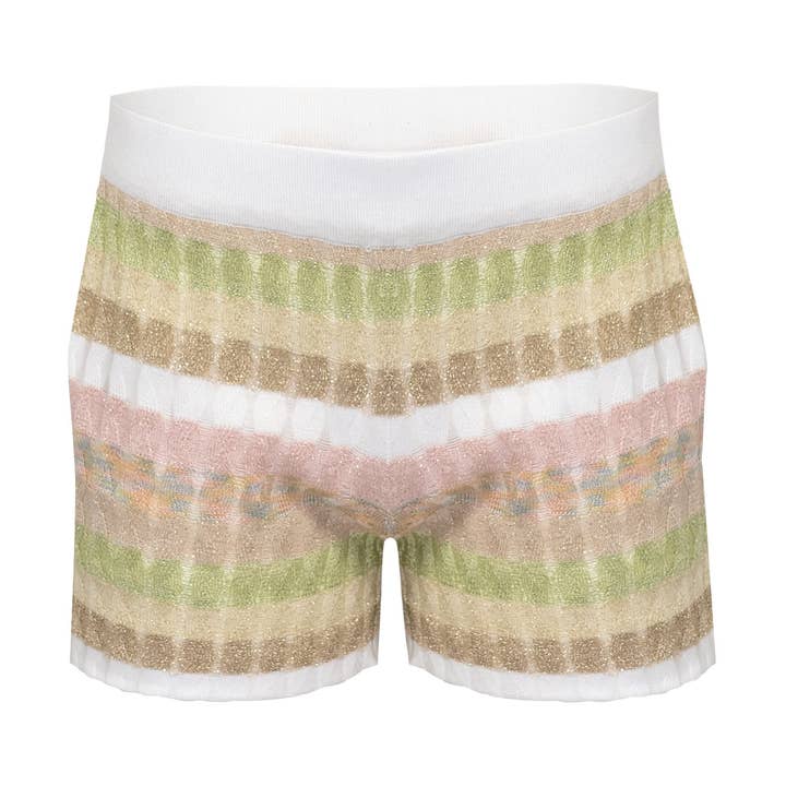 STRIBEDE SHORTS I REOL STRIK HVID/MYNTE for engroshandel hos Ruth Erotokritou Knitwear