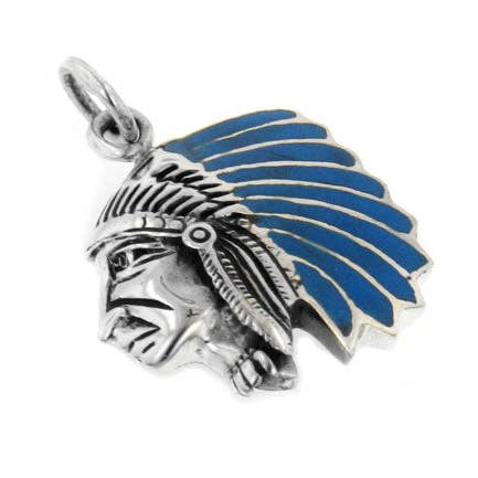 Silver Insanity - Wholesale Individual Charm/Pendant - Sterling Silver Blue Indian Chief Head Charm Pendant