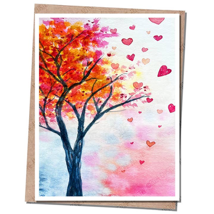 Windswept Hearts Wishbone Tree A2 Handmade Greeting Card for wholesale by Capstone Artistry