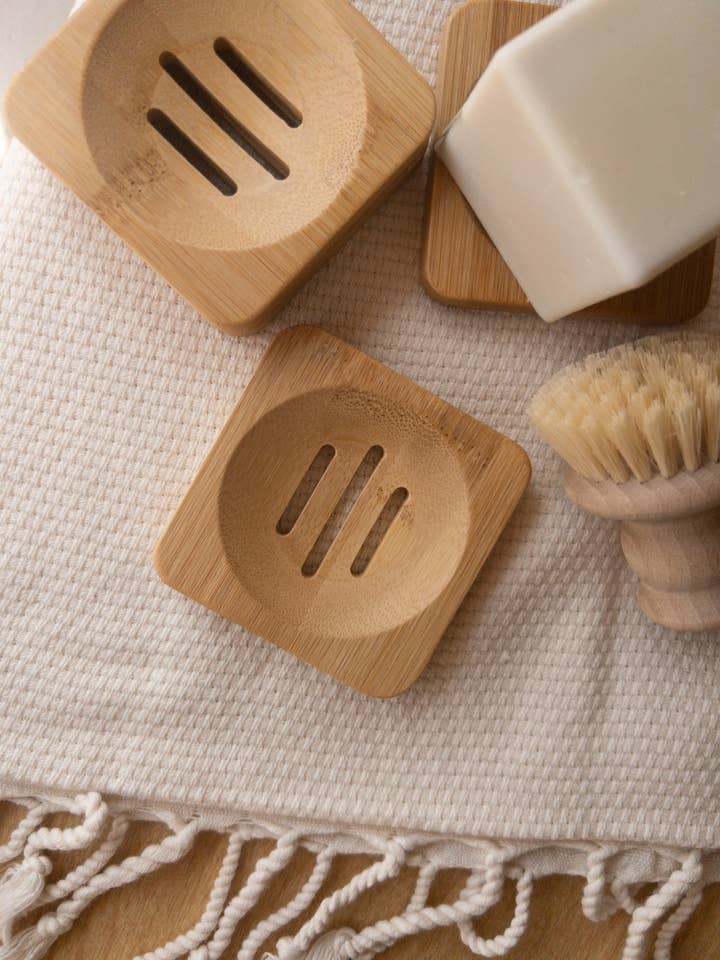 Square Bamboo Soap Dish for wholesale by The Ash House Soap Studio