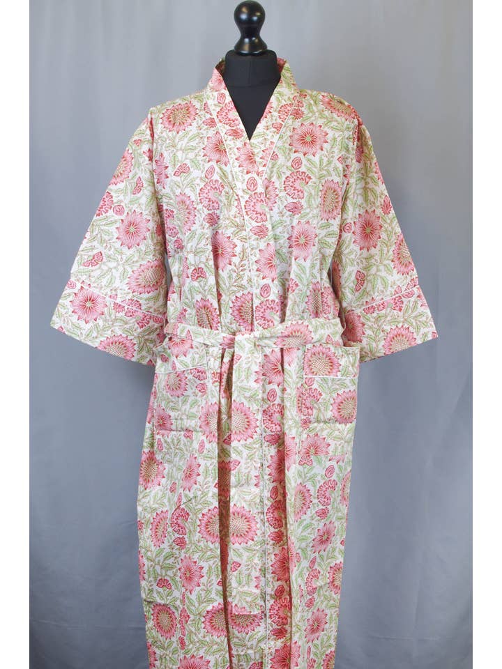 Kantha Decor - Venta al por mayor Kimono - Mujer - Bata kimono de algodón con girasoles rosas sobre fondo crema2