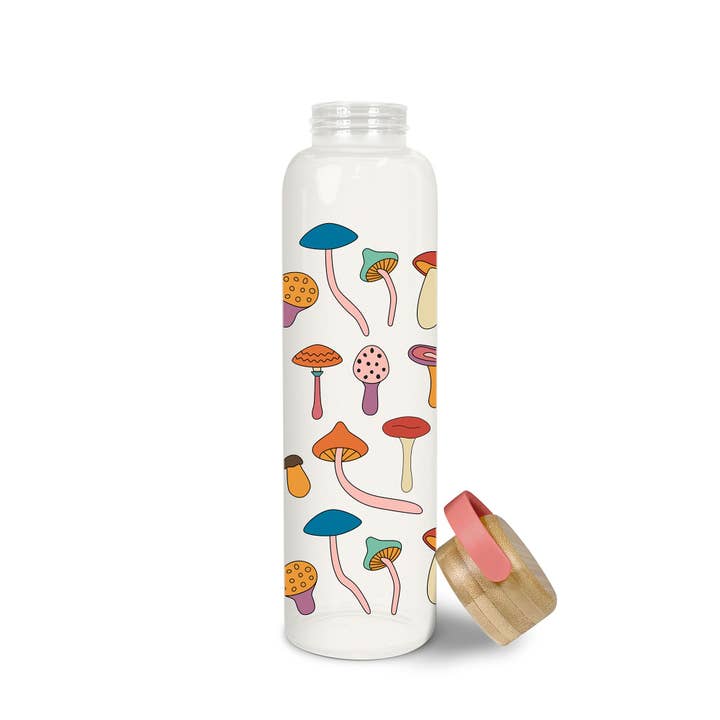 Studio Oh! - Wholesale Water Bottle - Mushroom Melody Glass Water Bottle with Bamboo Lid
