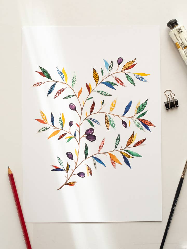 Akvarel Olive Branch Botanisk Print. for engroshandel hos Bodhi&Lo Art