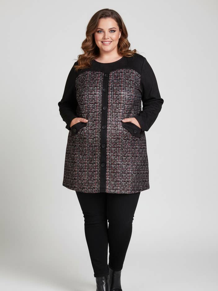 Plus size red printed faux suede dress (C6159) for wholesale by Pomme Rouge Paris