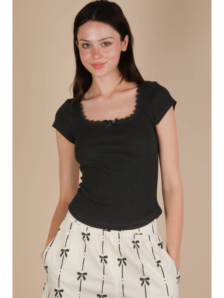 VERY J - Vente Haut en maille – femme - NT12169-Haut en maille côtelée avec dentelle et nœud