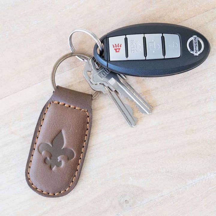 The Royal Standard - Wholesale Keychain - Men's - Fleur De Lis Leather Embossed Keychain Dark Brown 1.35x2.55