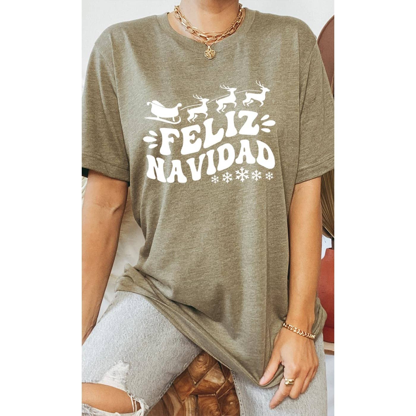 Kissed Apparel - Wholesale Screen Printed T-Shirt - Women's - Sleigh and Reindeer Feliz Navidad Graphic Tee5