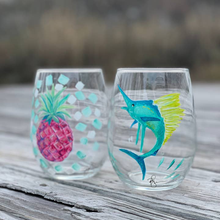 Paula Freeman Art - Vente Verres à vin - Verre à vin peint à la main TROPICAL SET – Verrerie côtière9