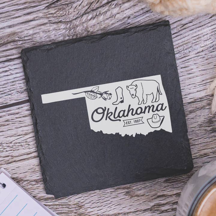 Oklahoma Icons - UV Printed Slate Coasters for wholesale by Blue Ridge Mountain Gifts