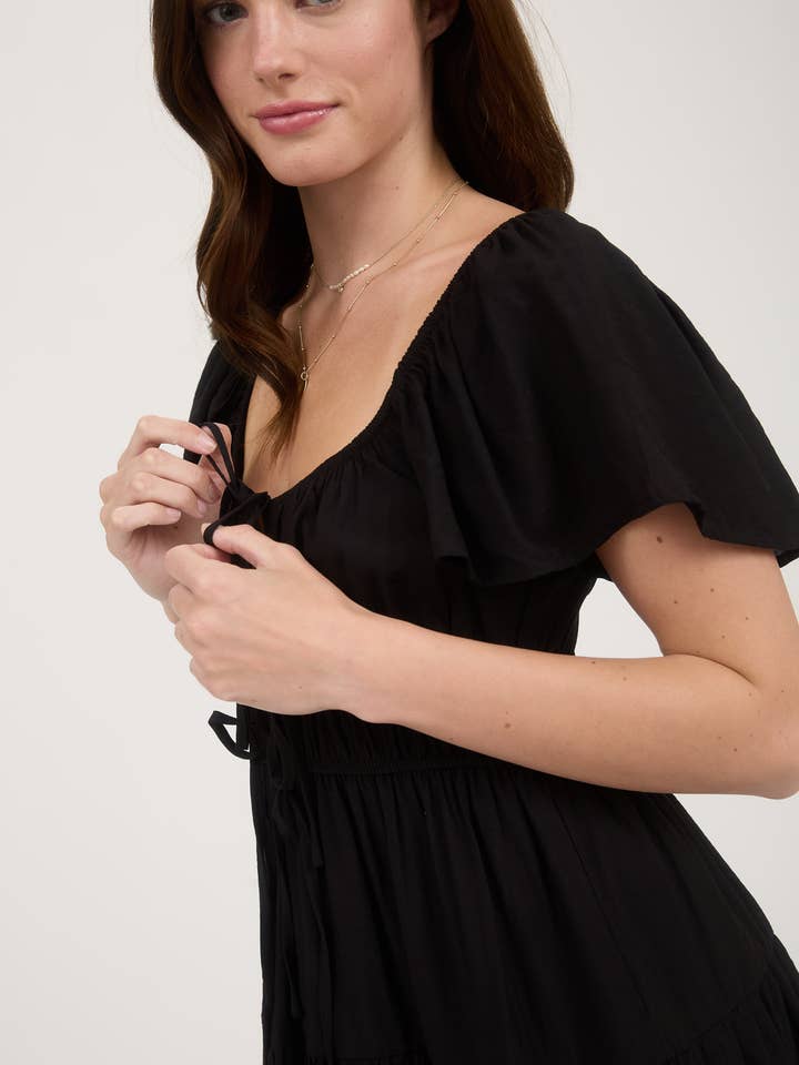 Blu Pepper - Wholesale Dress - Women's - FRONT TIE STRAP SHORT SLEEVE TIERED MINI DRESS