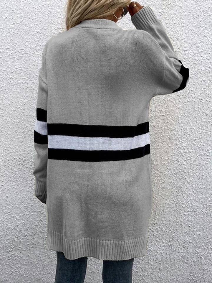 HIDDENBRAND - Wholesale Cardigan - Women's - A Thin V-Neck Panelled Striped Midi Cardigan10