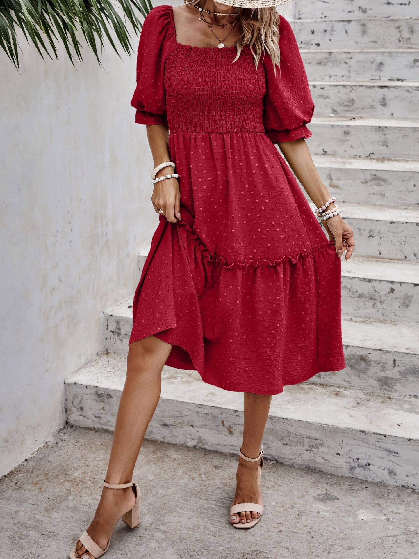 eLook – Großhandel Kleid – Damen – SZ1-DR6227 Swiss Dots Gemustertes Midikleid mit halben Ärmeln22