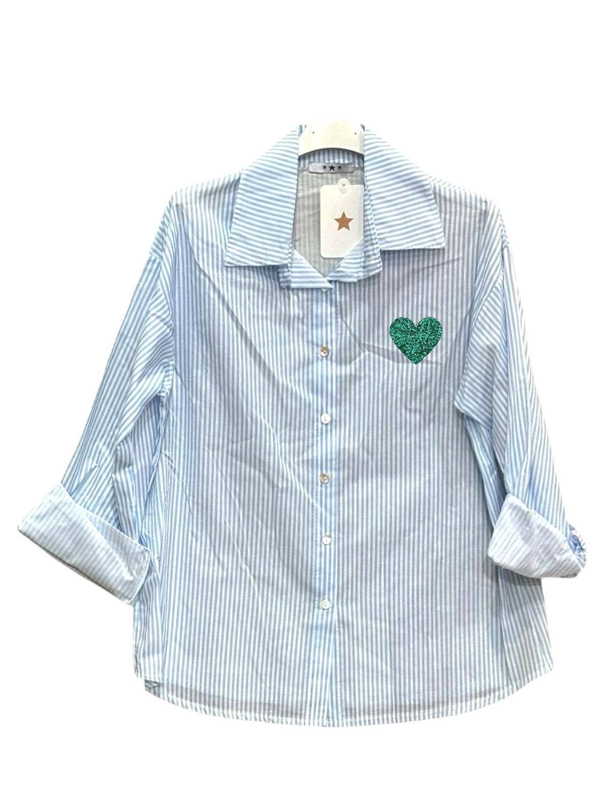 Moonsun - Vendita all'ingrosso Camicia button down - Donna - Camicia a righe in cotone con stampa a cuore2