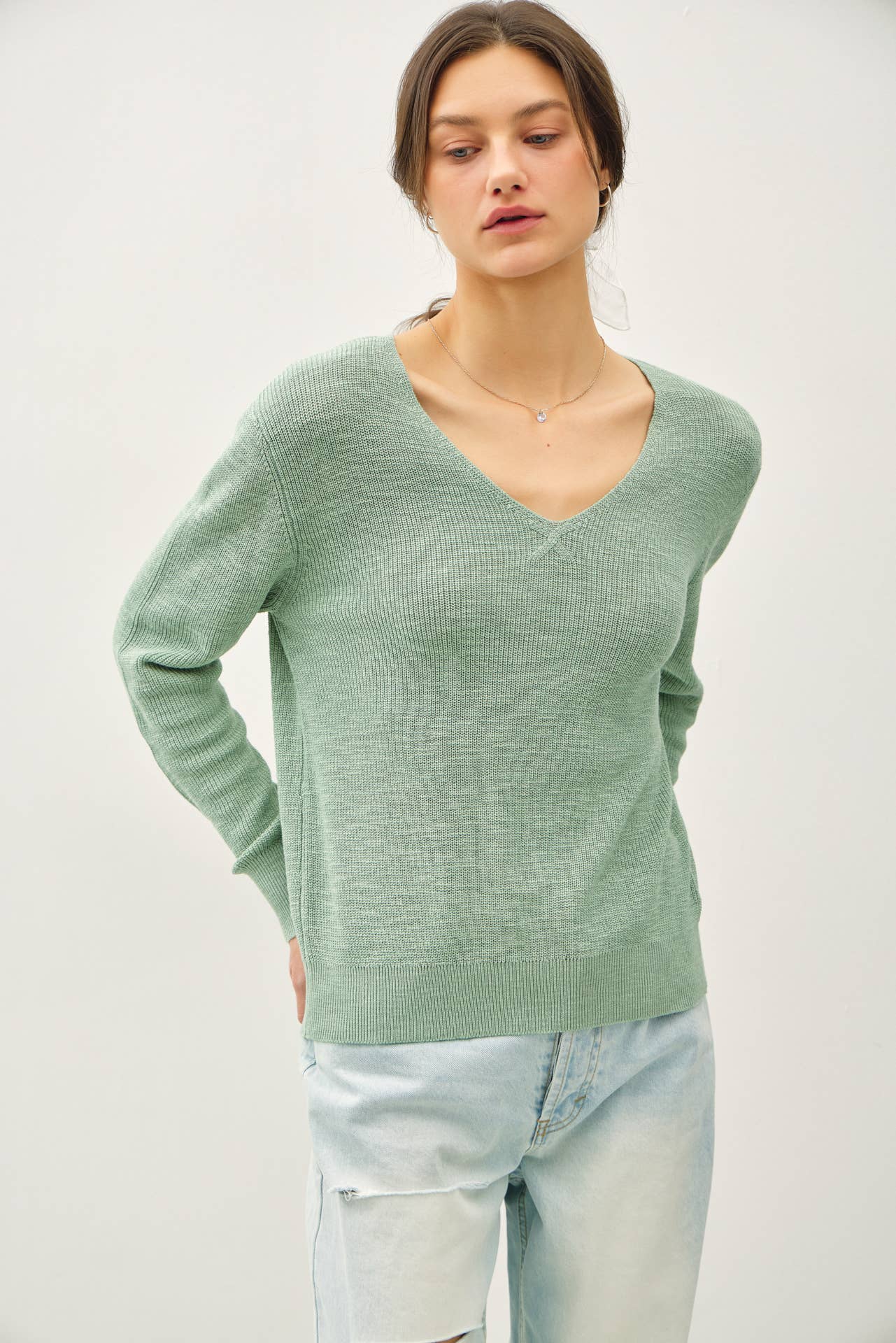 Be Cool - Wholesale Knit Sweater - Women's - LONG SLEEVE V-NECK COTTON SLUB SWEATER0
