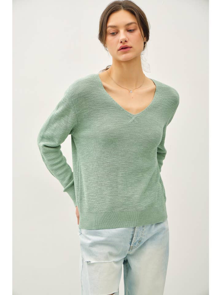 Be Cool - Wholesale Knit Sweater - Women's - LONG SLEEVE V-NECK COTTON SLUB SWEATER
