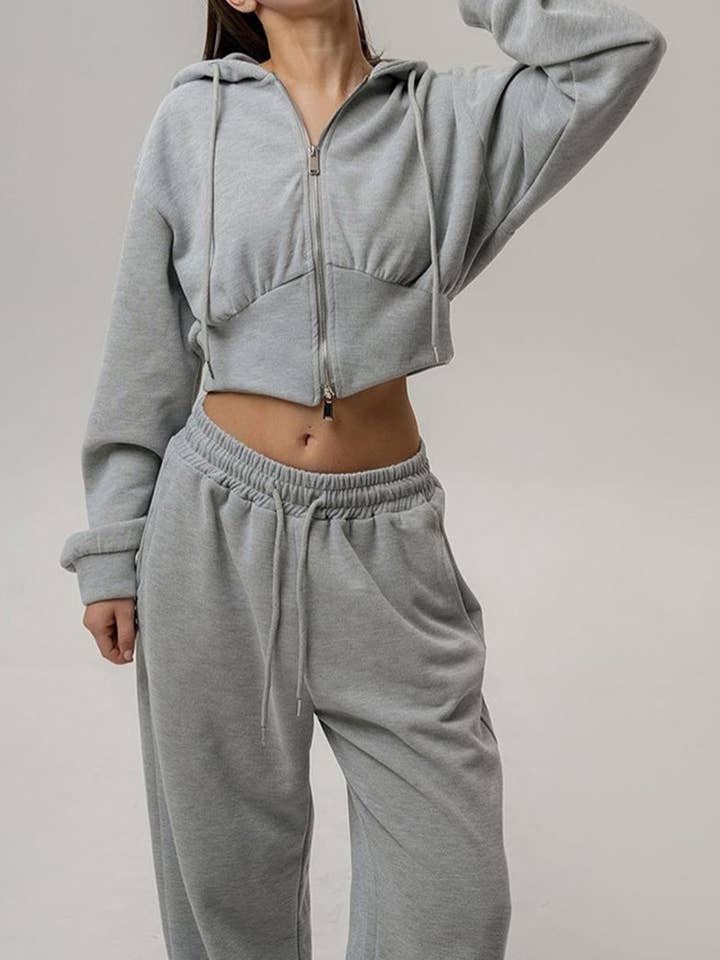 Jiawaknitart - Wholesale Lounge Set - Women's - Cropped Zip-Up Hoodie and Joggers Set13