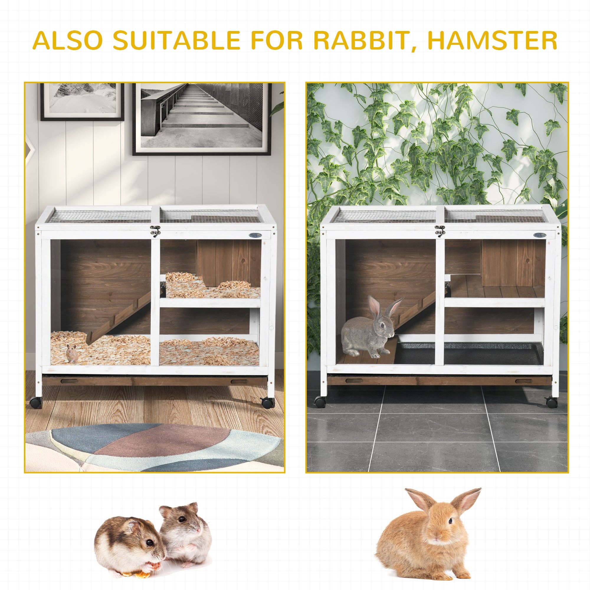 39F Inc. - Wholesale Pet Carrier - Cat/Dog - PawHut Indoor Rabbit Hutch - Brown Wood, with Wheels4