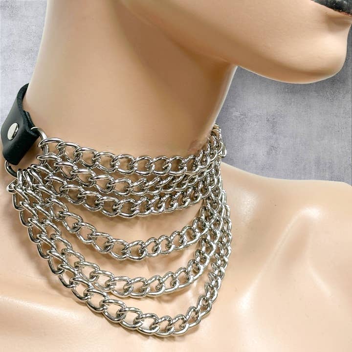 FCK610 6 FILI COLLANA A CATENA PENDENTE IN ACCIAIO PELLE VERA per la vendita all'ingrosso da parte di Funk Plus