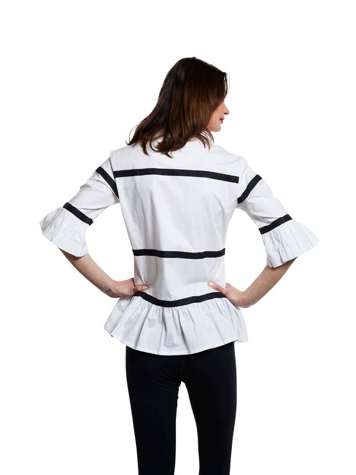 Dizzy-Lizzie - Wholesale Button Down Shirt - Women's - Lexington Peplum Top White With Ribbon Trim