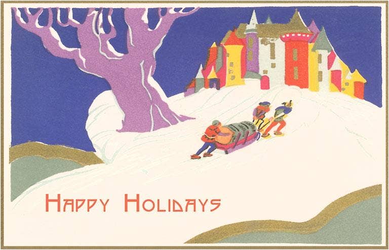 Found Image Press - Wholesale Postcard - Postcard MC-374 Happy Holidays, People Pulling Sled0